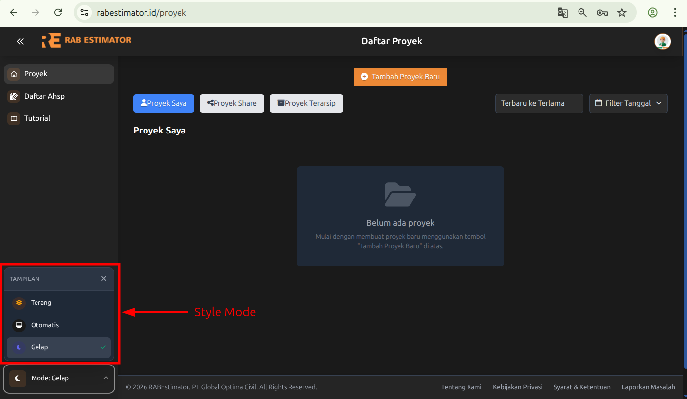 Pilihan mode tampilan: Terang, Otomatis, Gelap