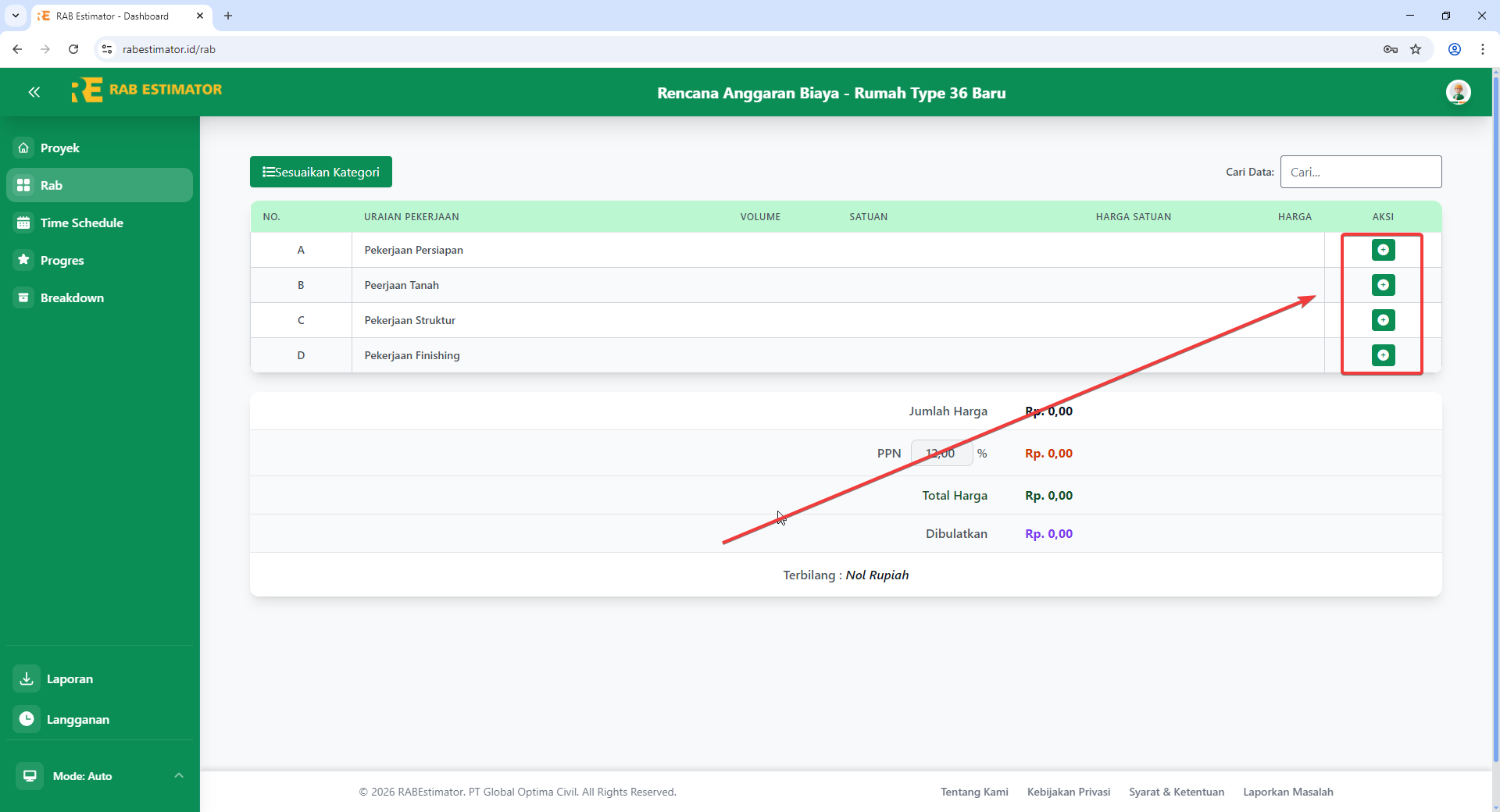 Ikon plus pada baris kategori di kolom Aksi