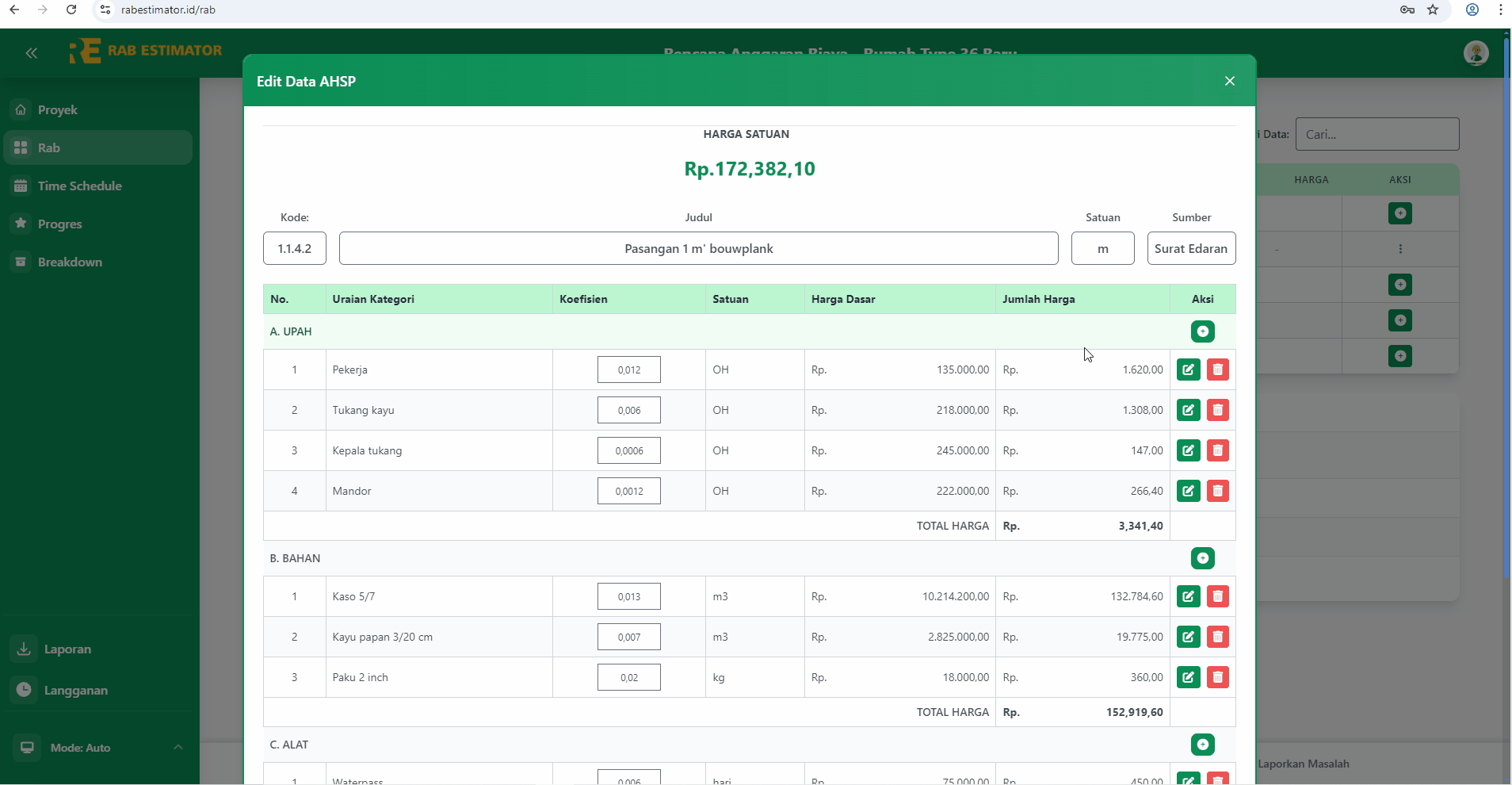 Detail AHSP dengan tab Upah, Bahan, Alat