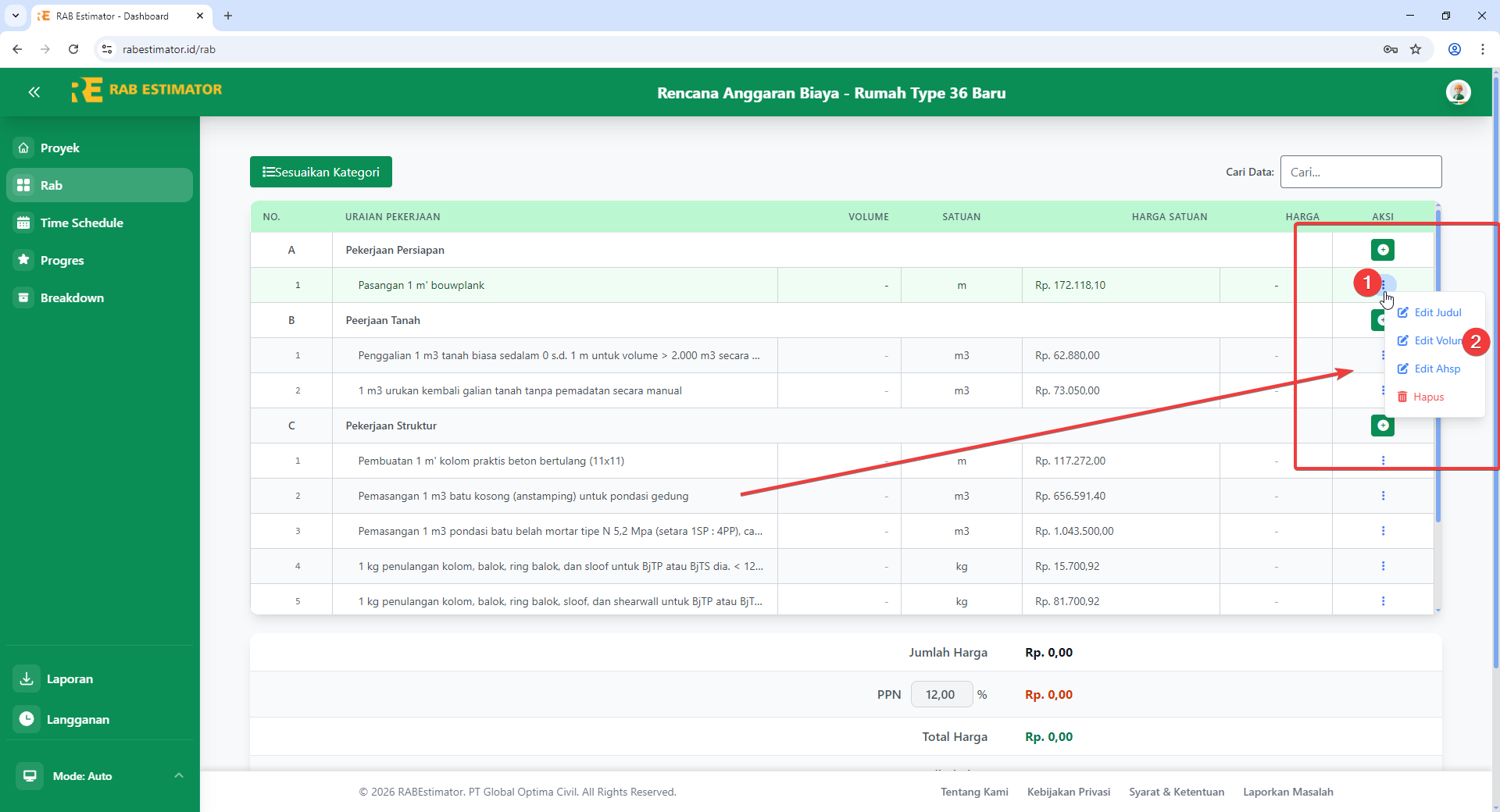 Context menu item pekerjaan dengan opsi Edit Volume