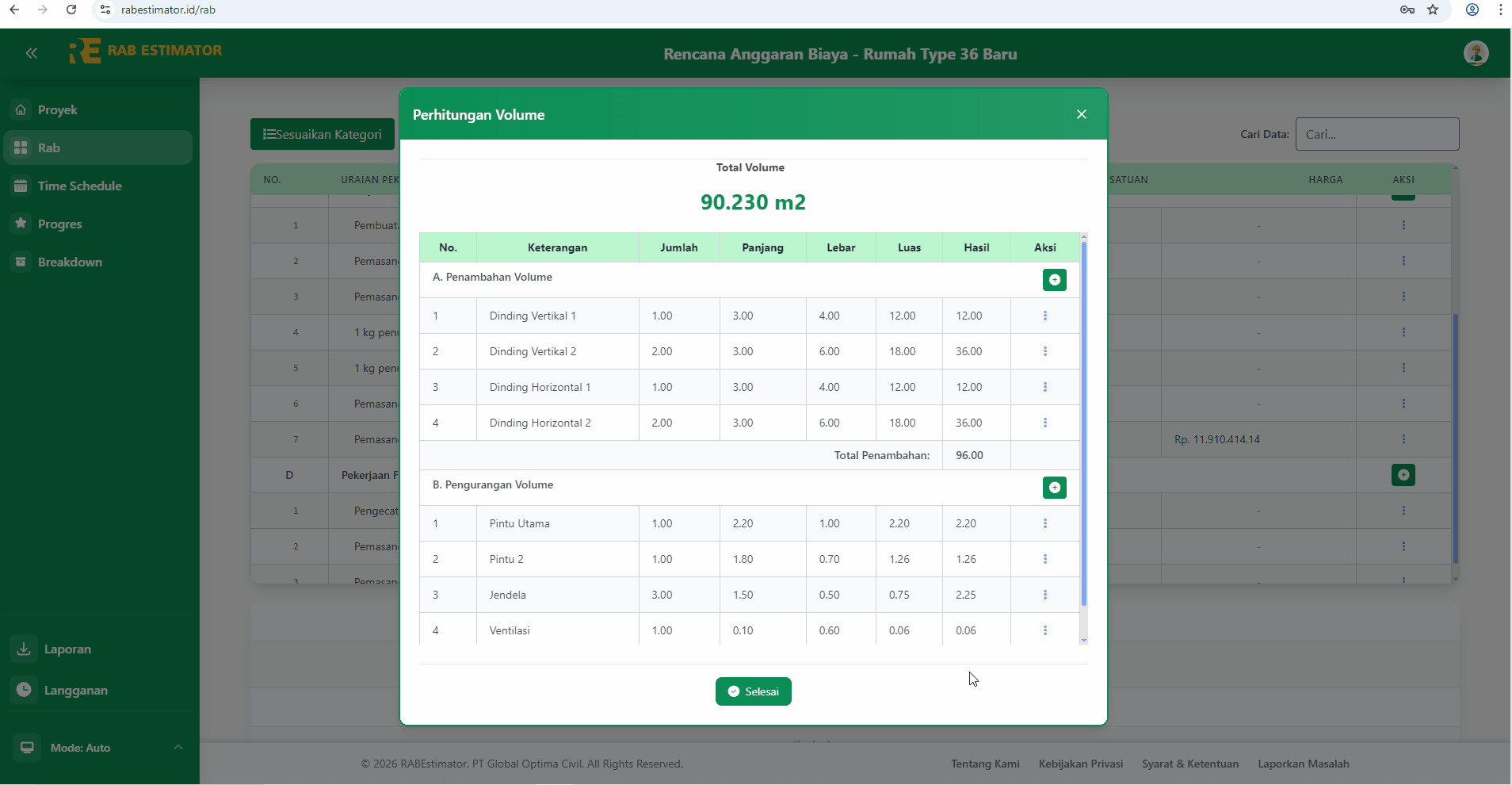 Context menu Edit dan Hapus pada baris perhitungan