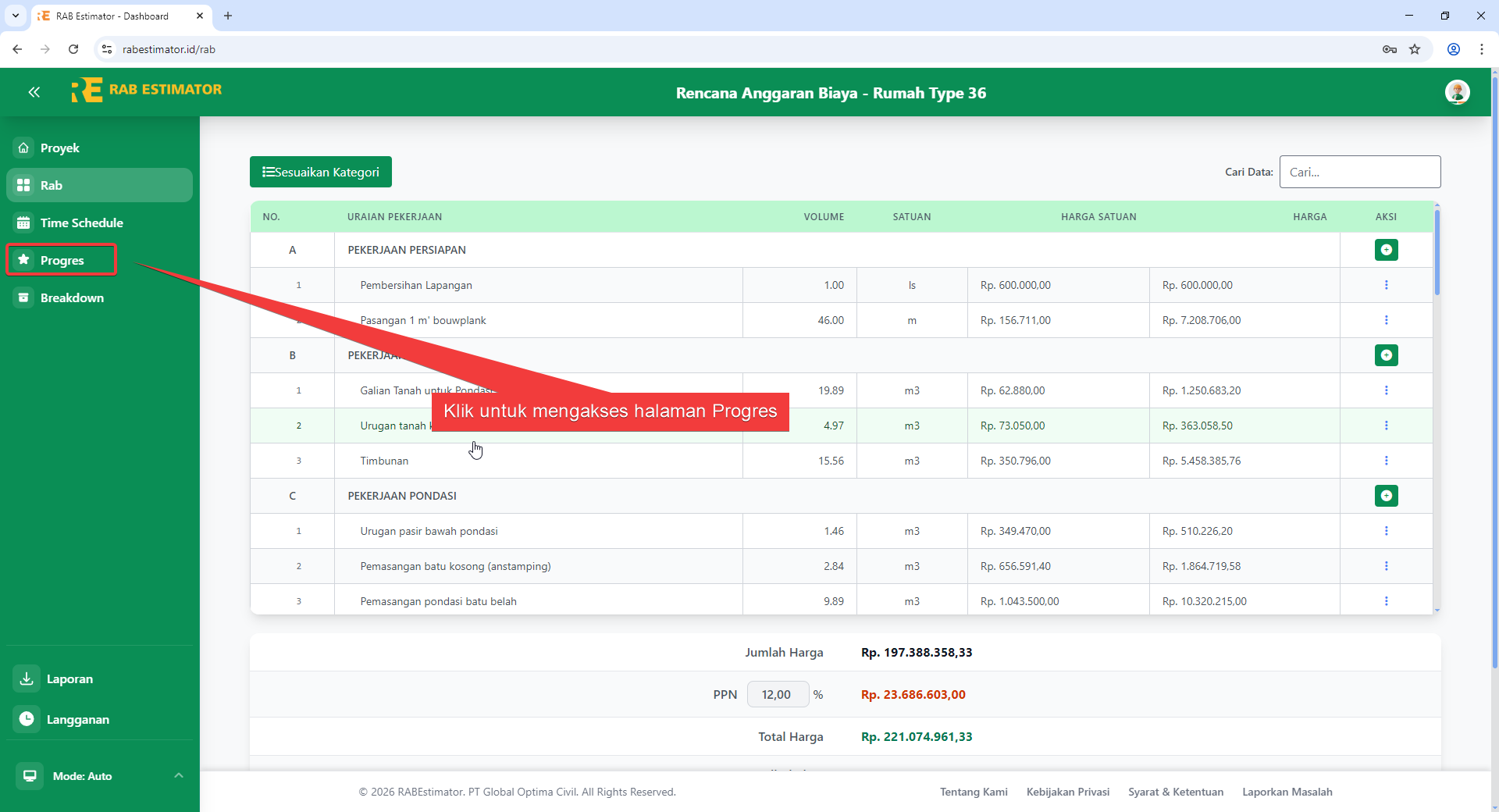 Sidebar dengan menu Progres di-highlight