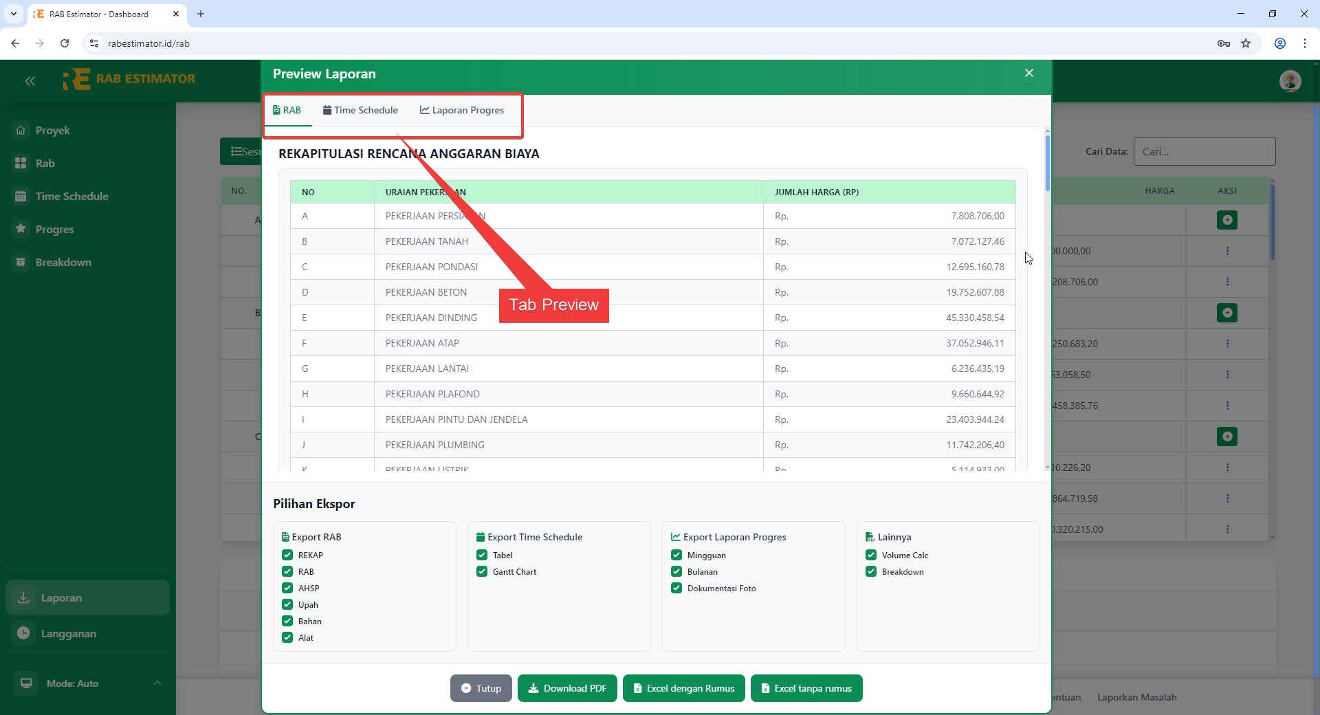 Modal Preview Laporan dengan 3 tab