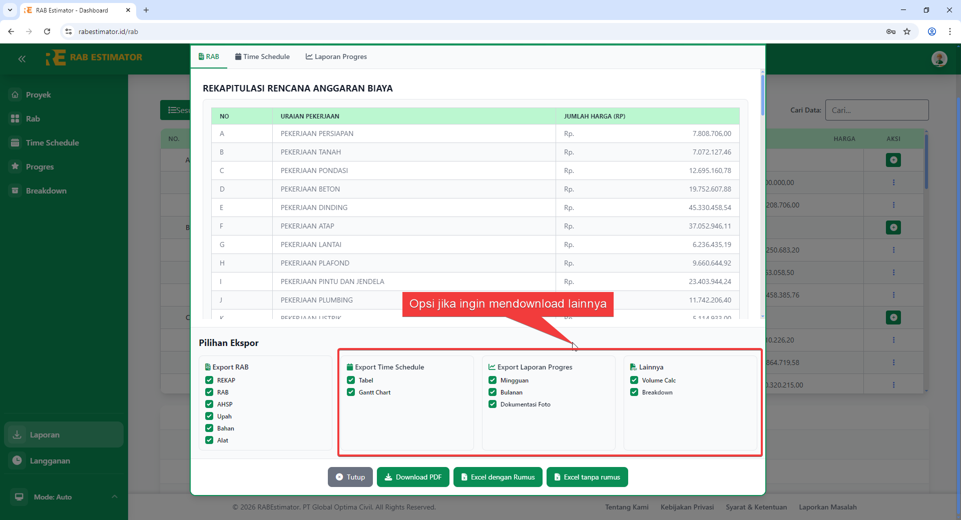 Export Time Schedule dan Laporan Progres