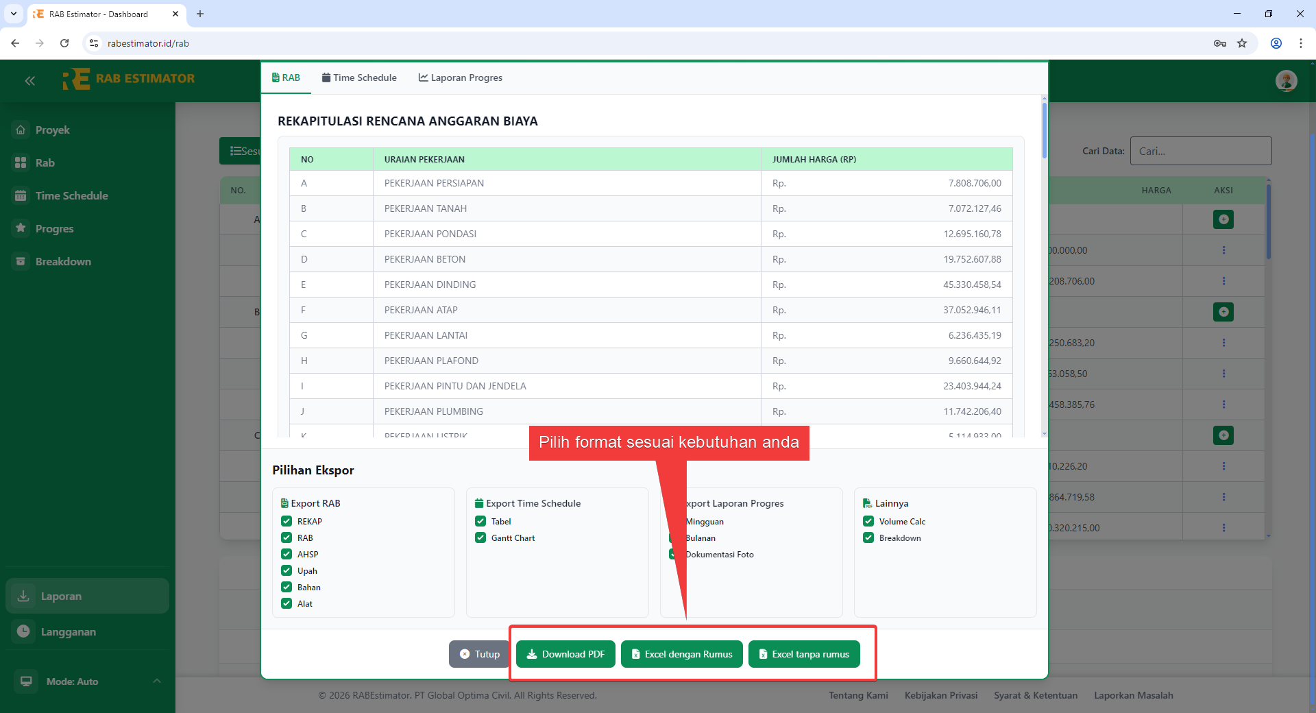 Tombol Download PDF, Excel dengan Rumus, Excel tanpa rumus